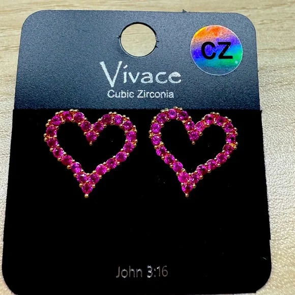 Cubic Zirconia Pink Heart Stud Earrings - Picture 2 of 2